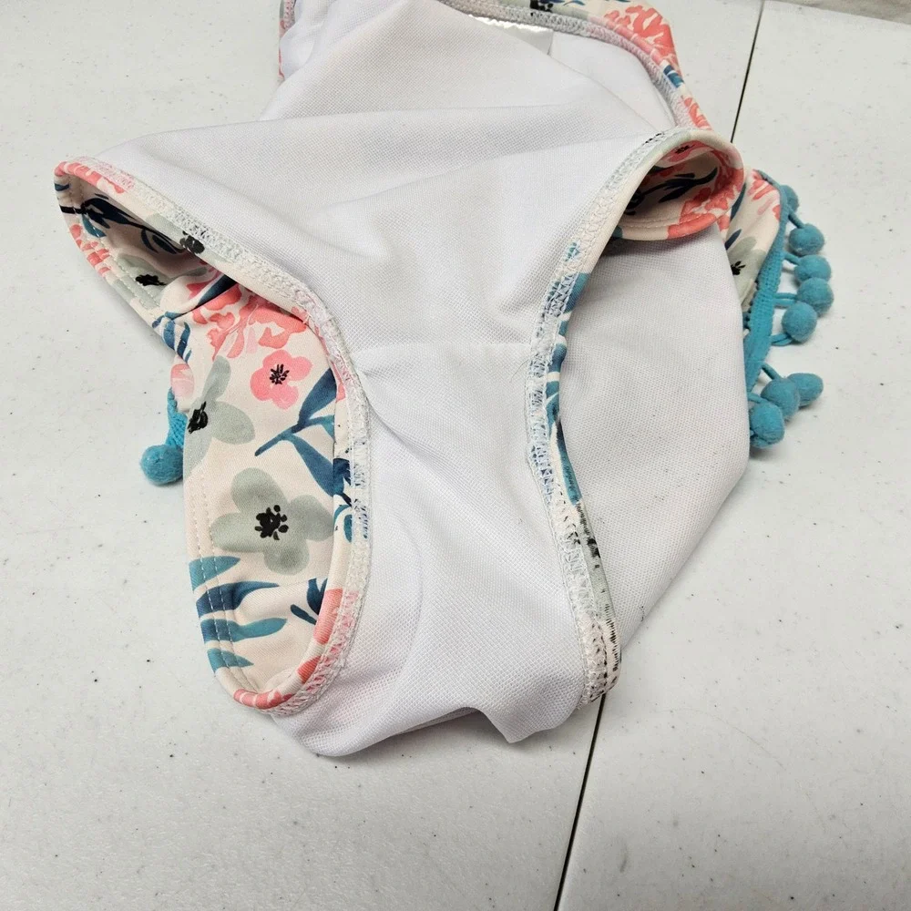 Ruffle Girl One Piece Swimsuit Kids XXL Cream Pink‎ Floral Pom Pom One Shoulder
